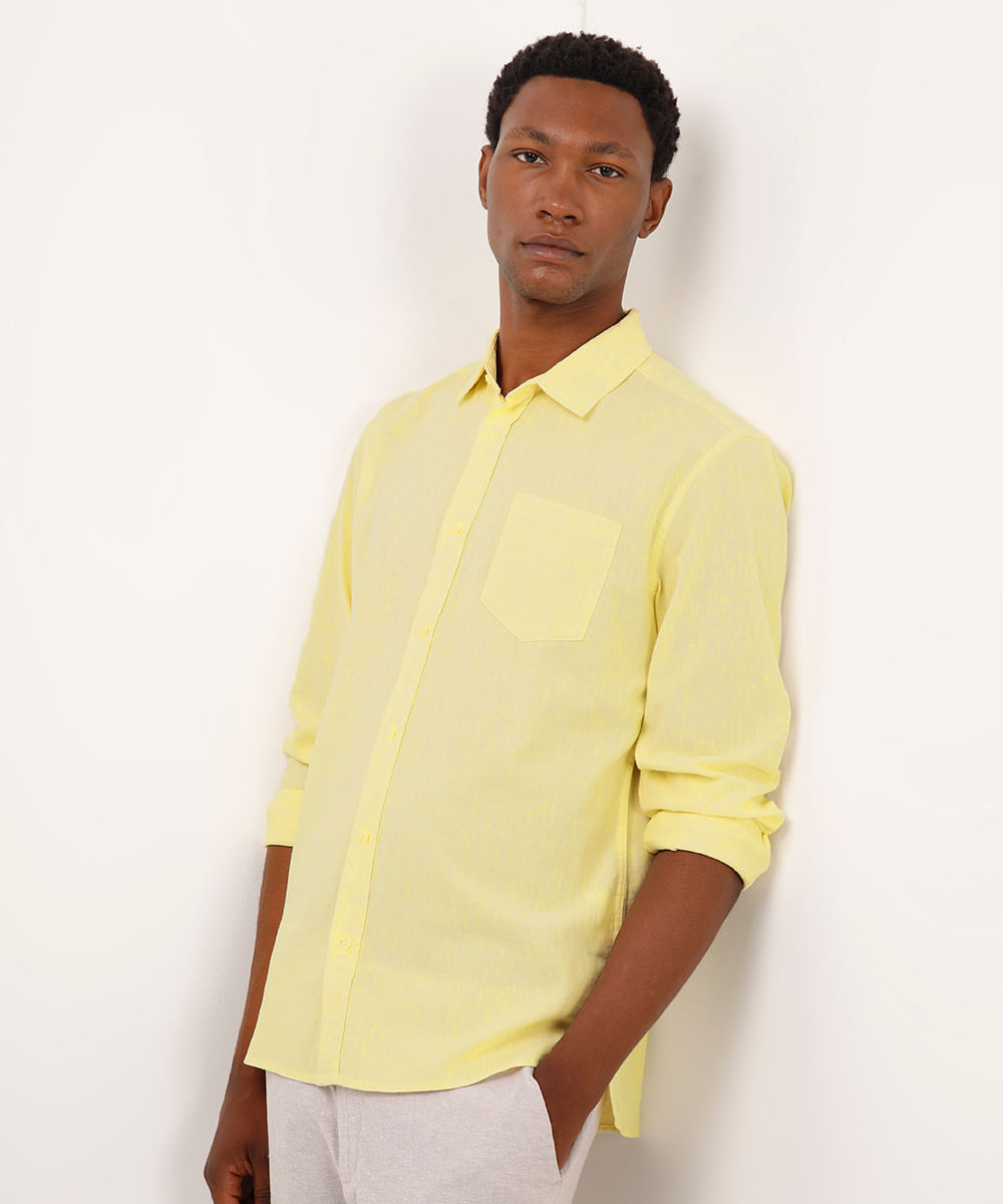 camisa comfort com linho manga longa amarela