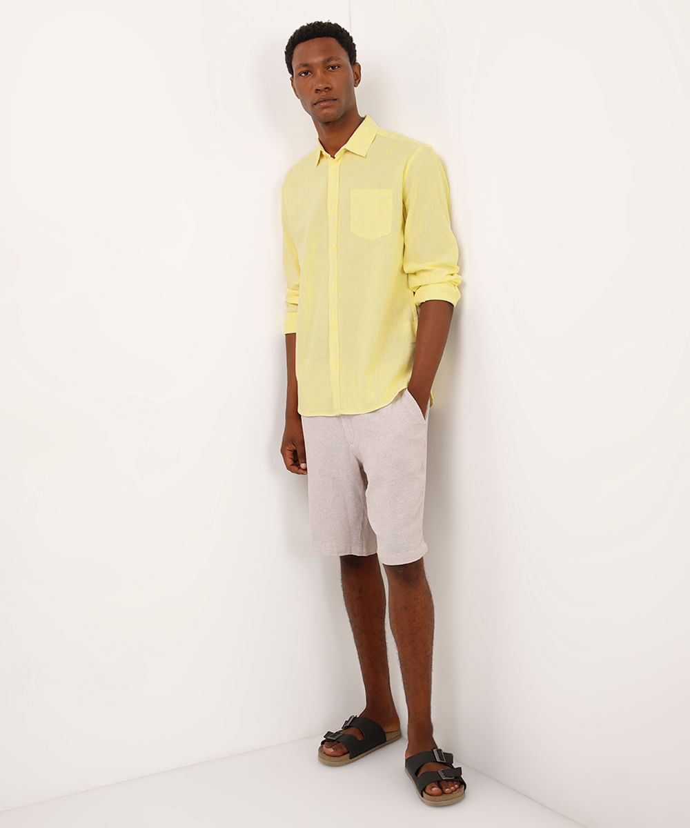 camisa comfort com linho manga longa amarela