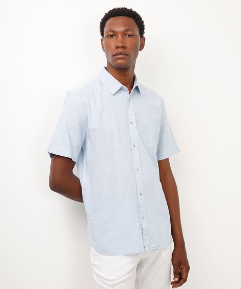 camisa comfort com linho manga curta - azul