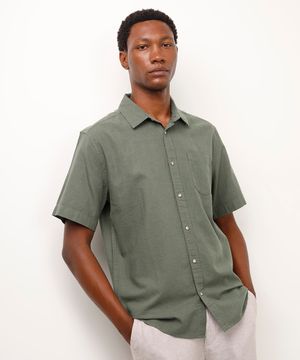 camisa comfort com linho manga curta verde