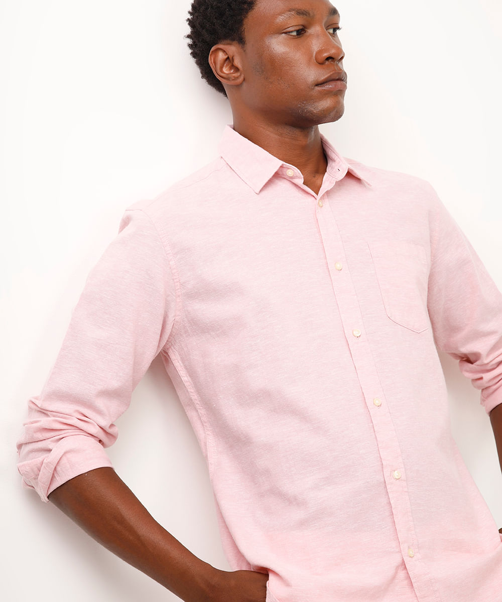 camisa comfort com linho manga longa rosa
