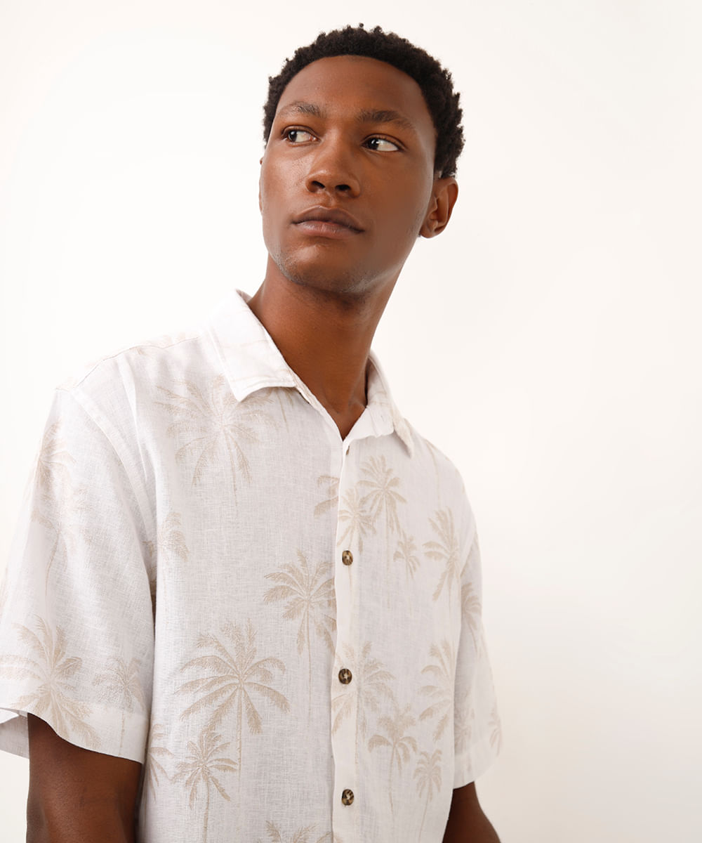 camisa com linho folhagens bege