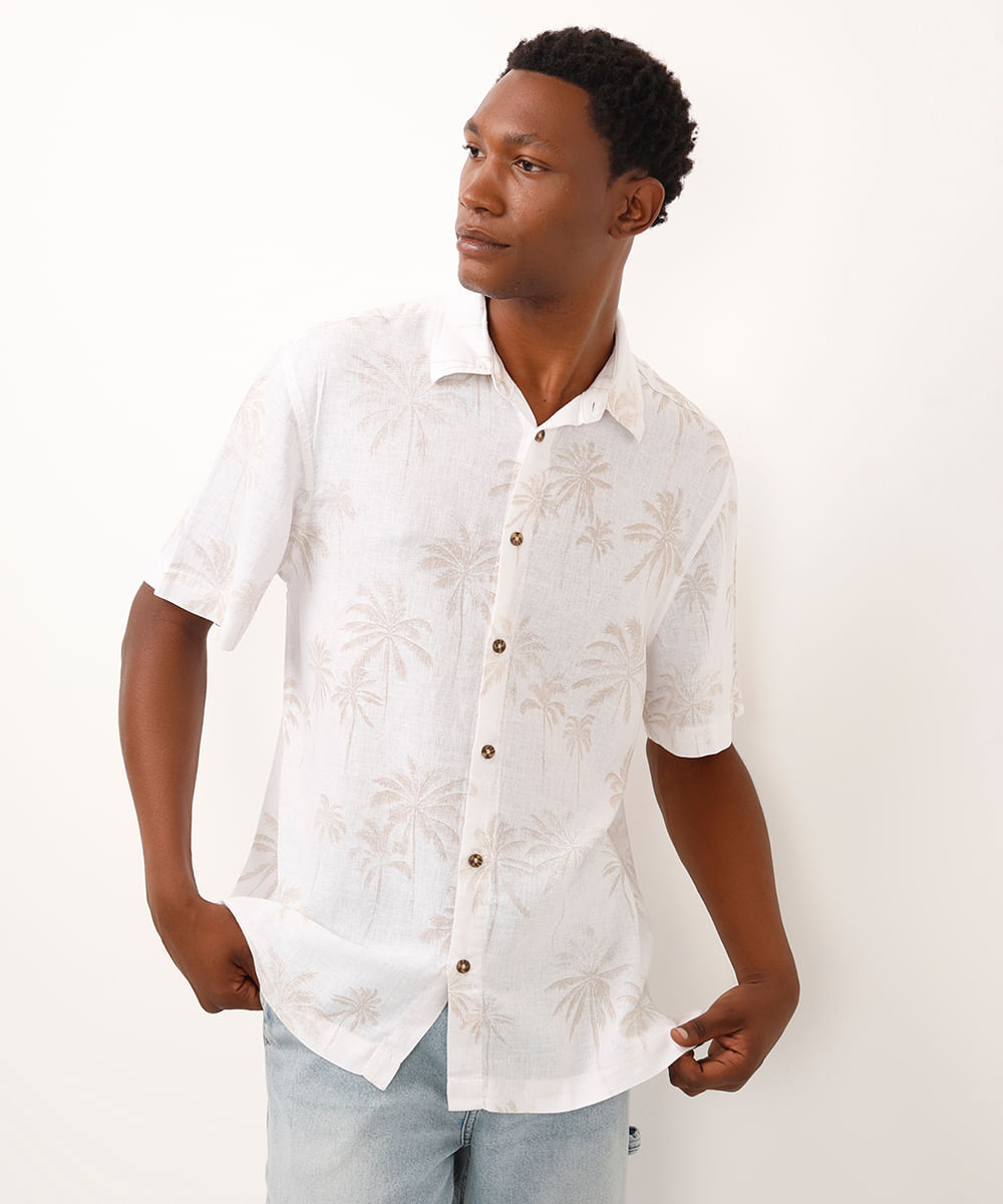 camisa com linho folhagens bege