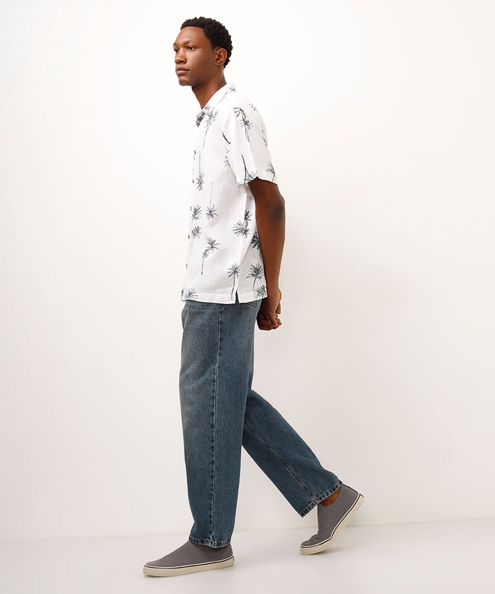 camisa com linho folhagens azul