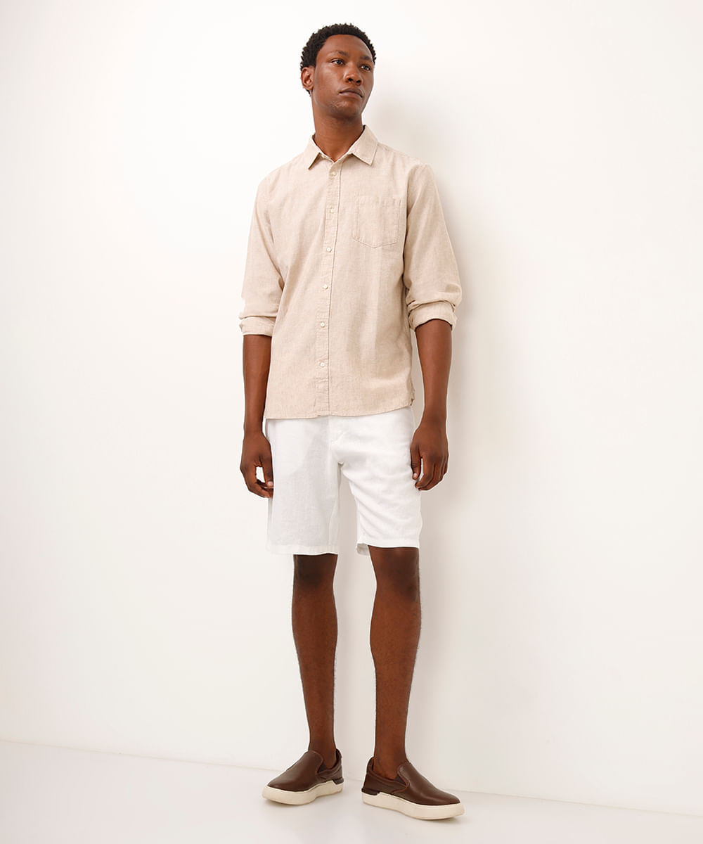 camisa comfort com linho manga longa bege