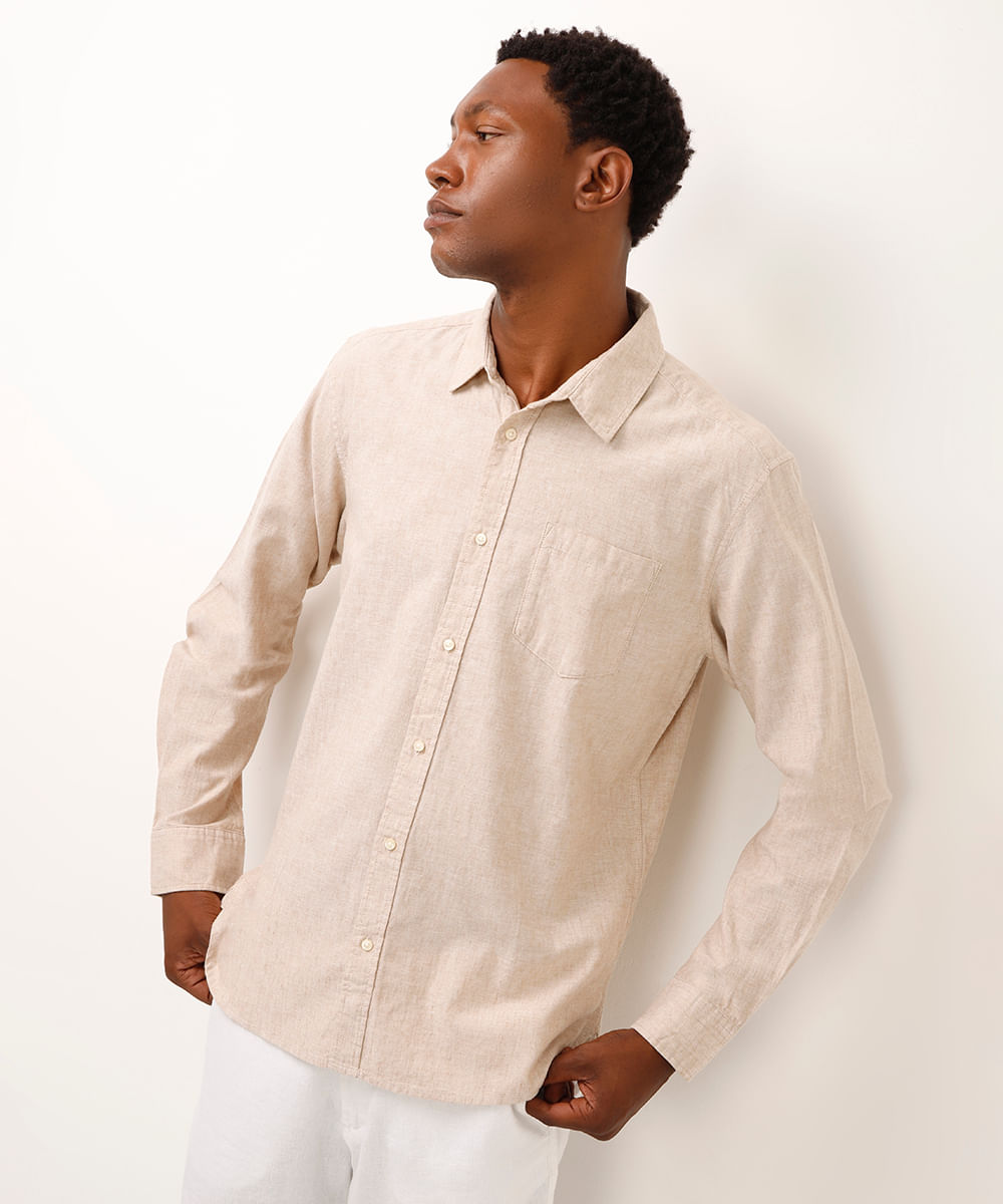 camisa comfort com linho manga longa bege