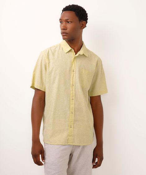 camisa comfort com linho manga curta - amarelo claro