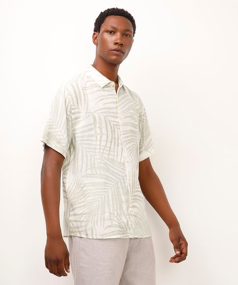 camisa comfort com linho folhagem off white