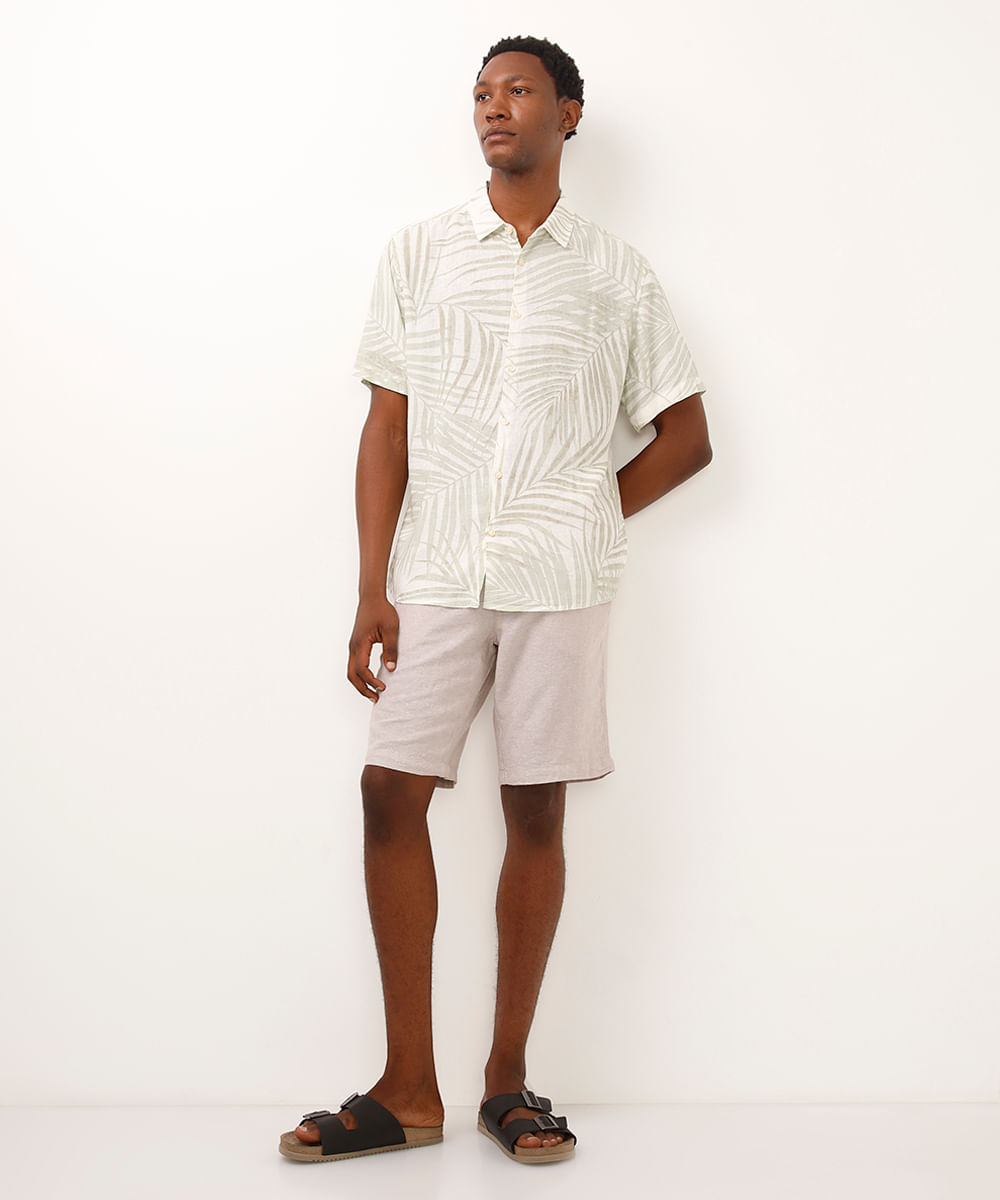 camisa comfort com linho folhagem off white