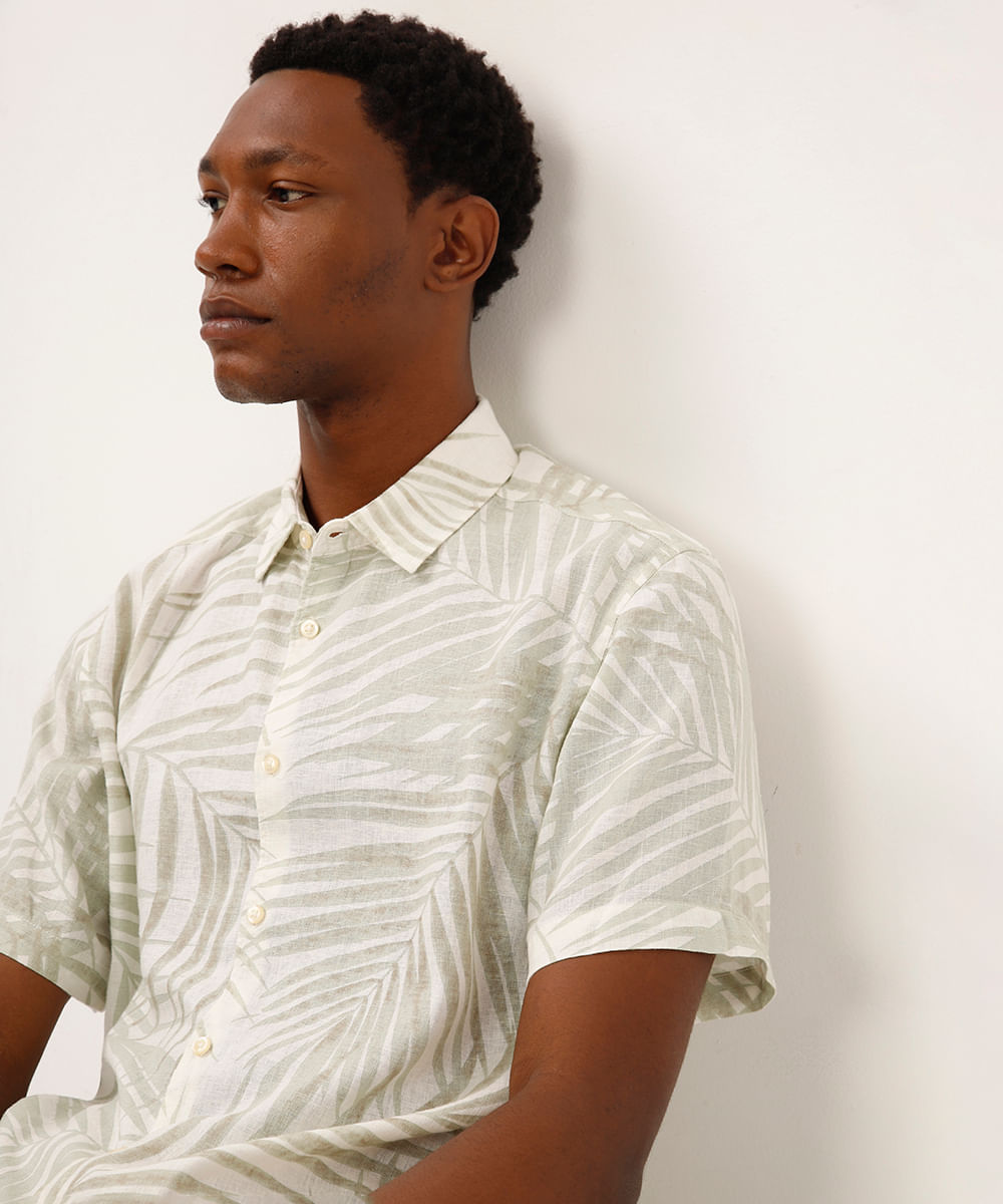camisa comfort com linho folhagem off white