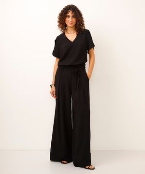 calça wide leg texturizada preta