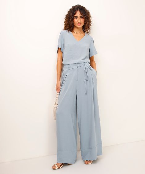 calça wide leg texturizada azul