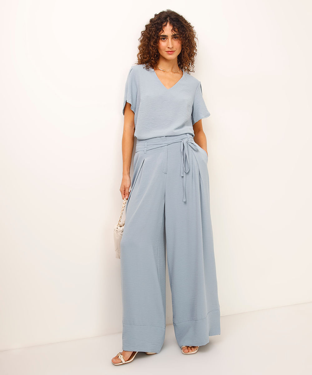 calça wide leg texturizada azul