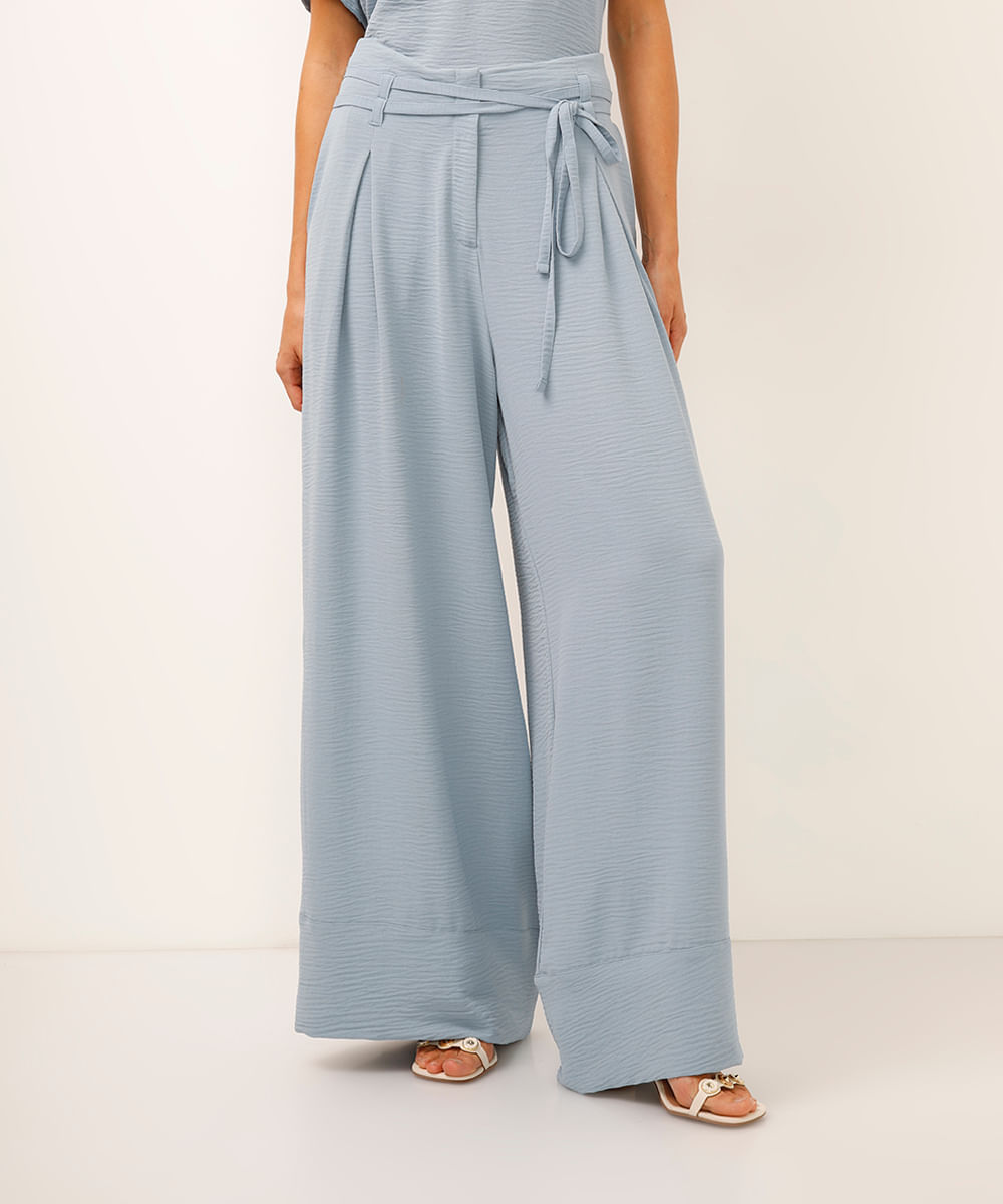 calça wide leg texturizada azul
