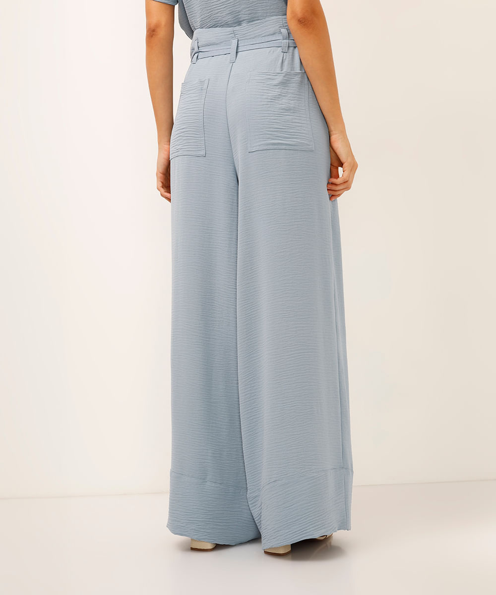 calça wide leg texturizada azul