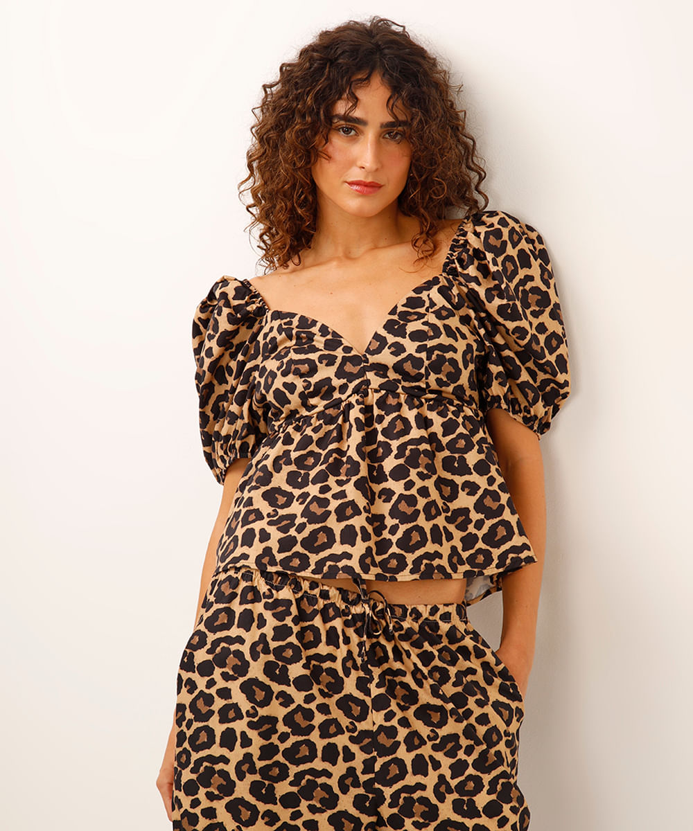 blusa de algodão manga bufante animal print bege