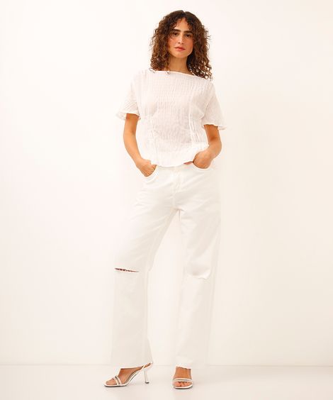 calça wide leg de sarja destroyed off white