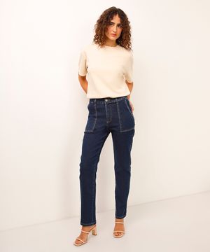 calça reta jeans cintura alta sawary azul