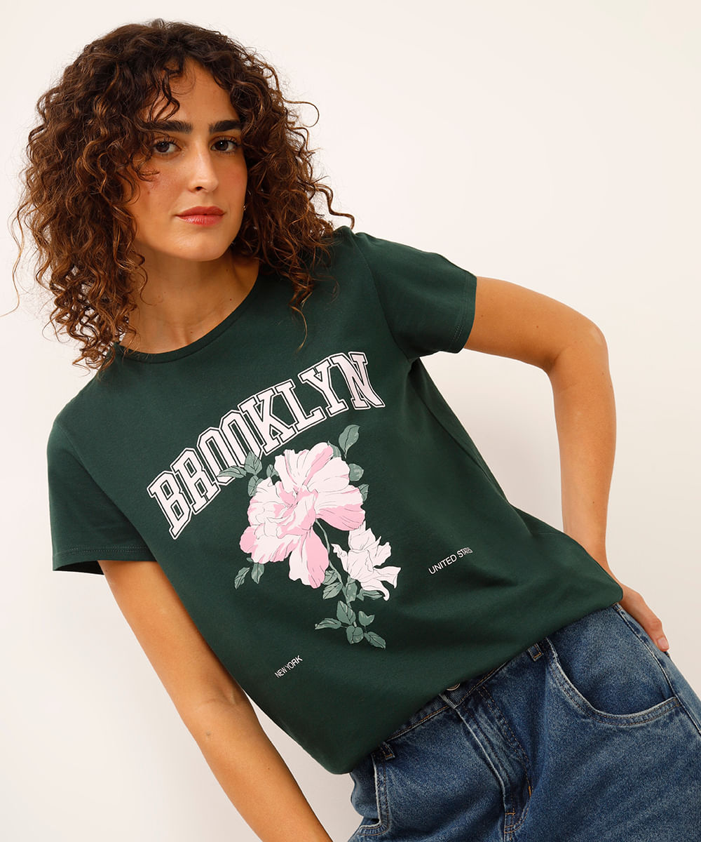 camiseta de algodão brooklyn floral verde