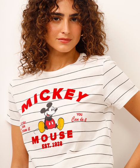 camiseta de algodão mickey listrada off white