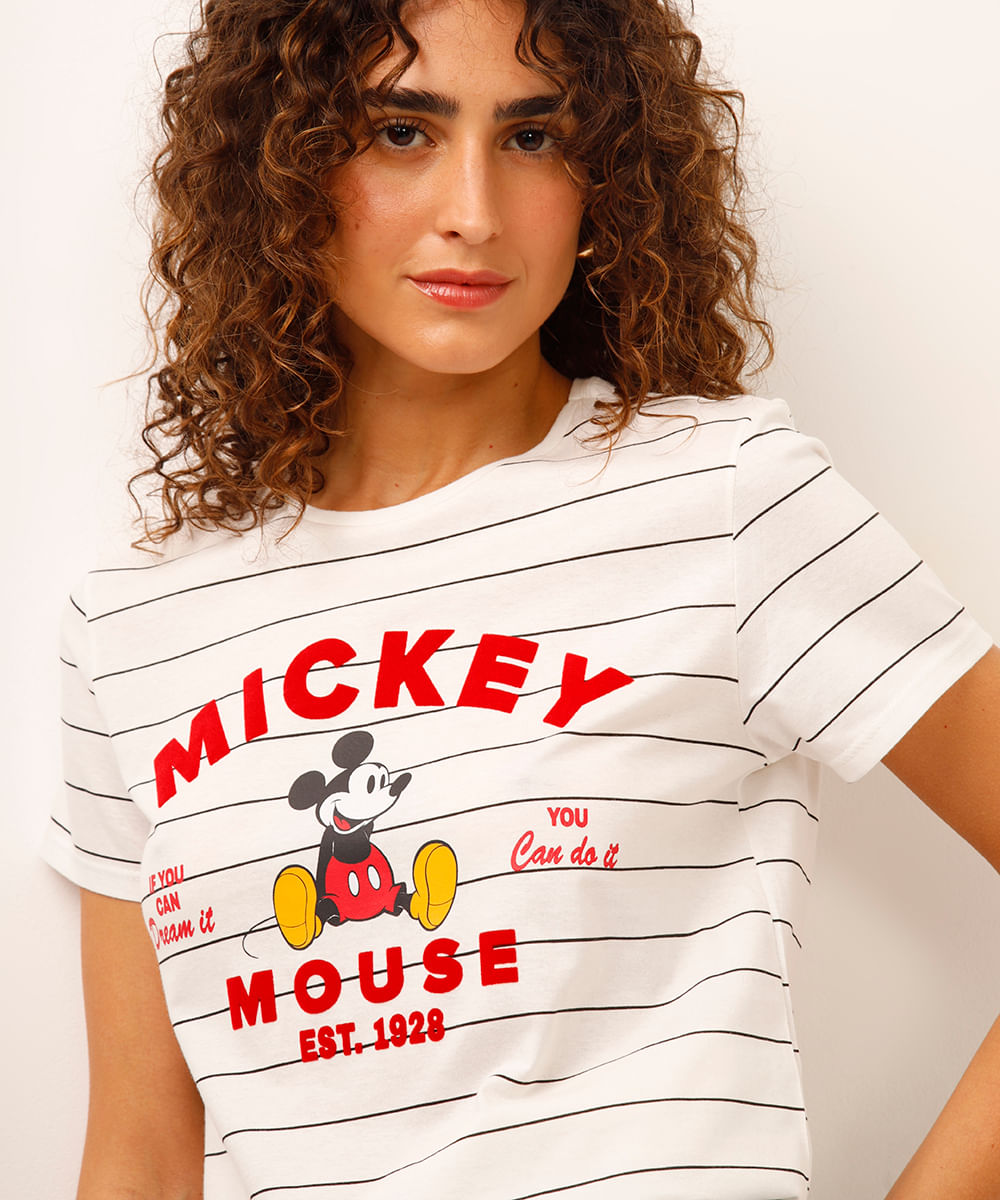camiseta de algodão mickey listrada off white