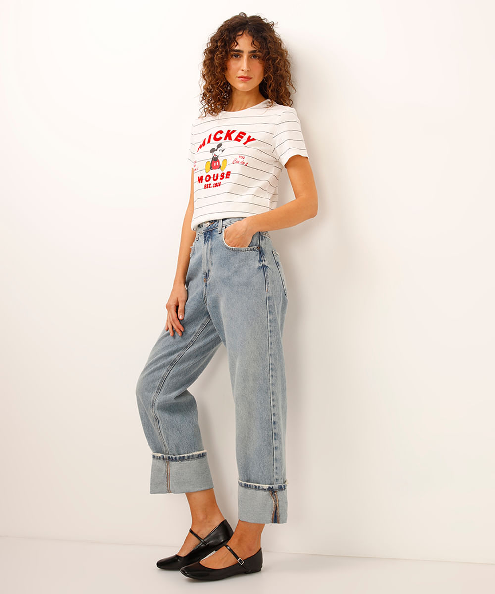 camiseta de algodão mickey listrada off white