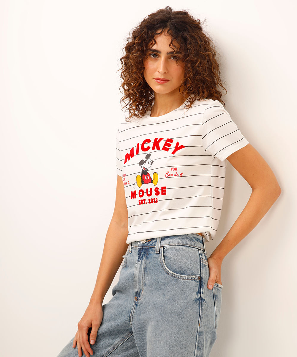 camiseta de algodão mickey listrada off white