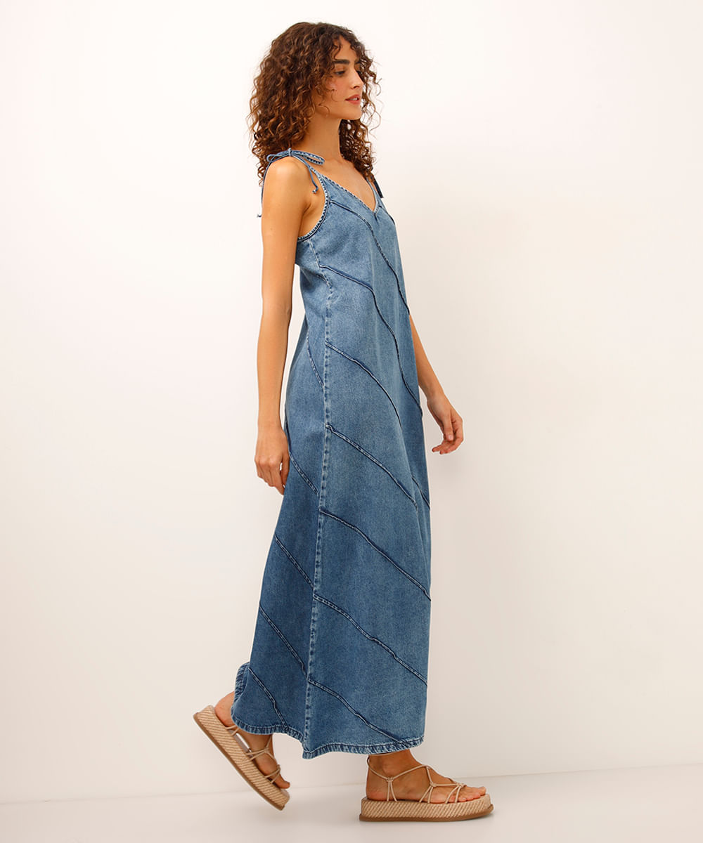 vestido longo jeans com recortes azul