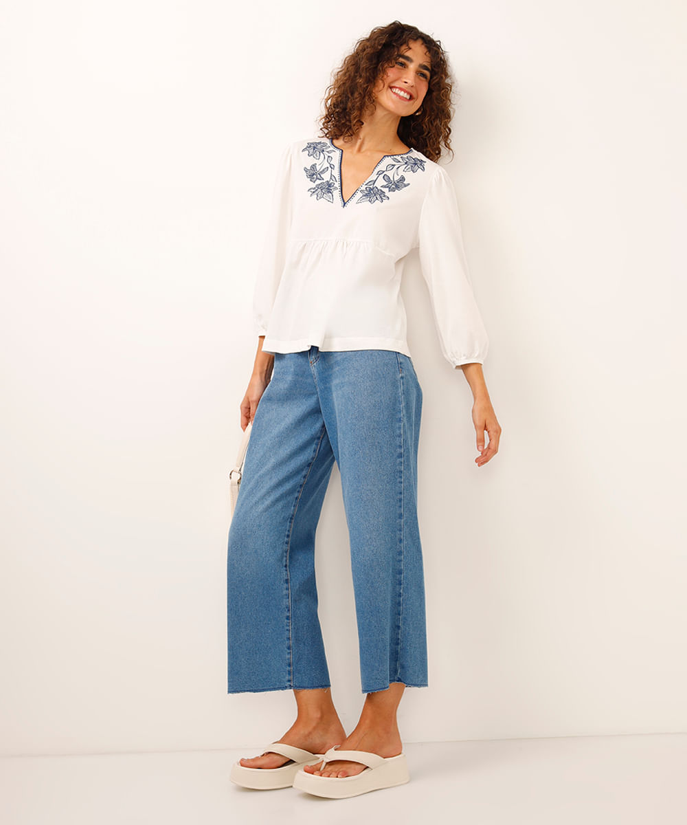 bata de algodão manga bufante floral off white