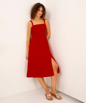 vestido de viscose midi com fenda vermelho