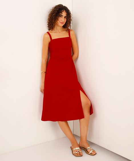 vestido midi de viscose com fenda  - vermelho escuro