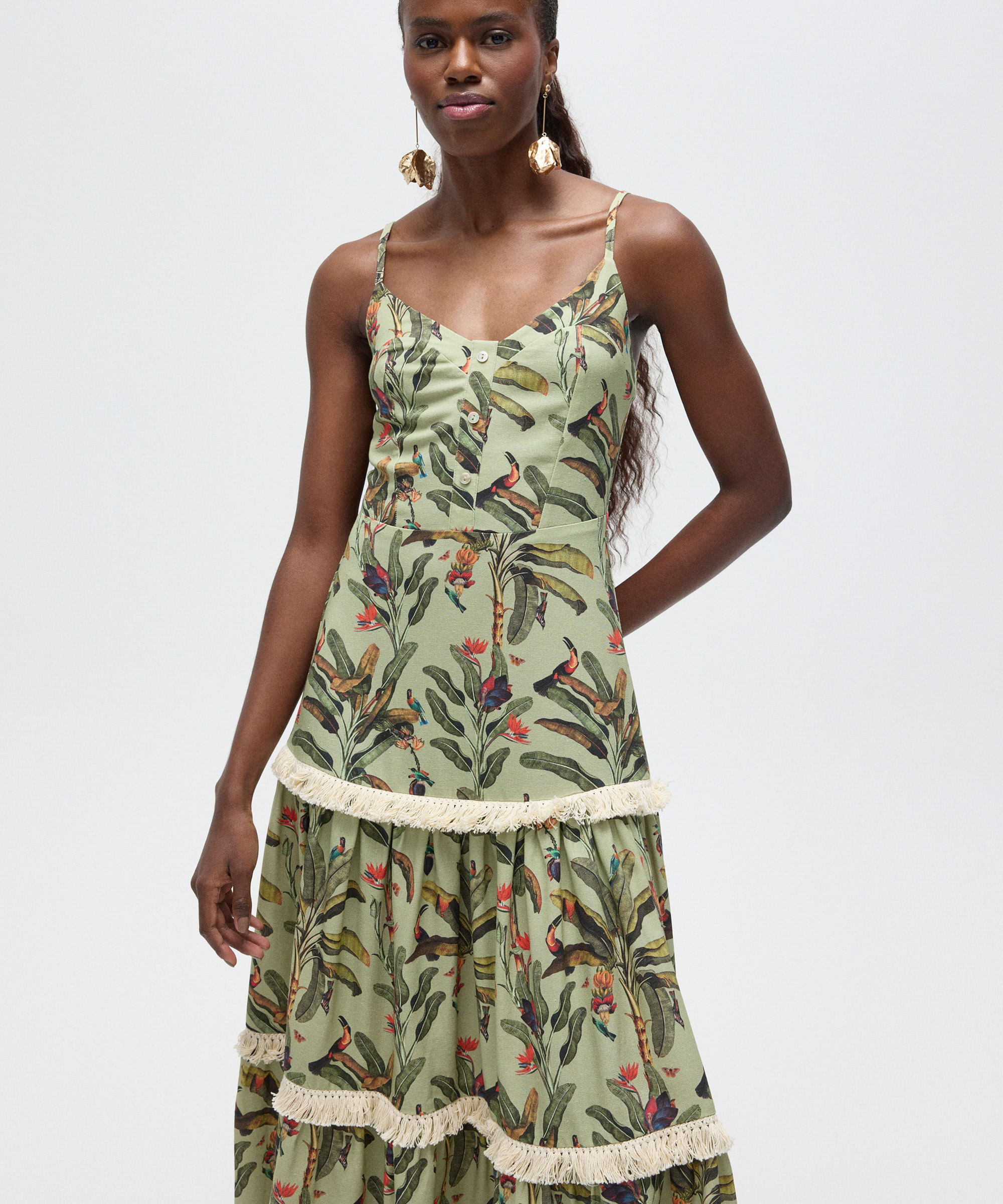 vestido saída de praia com linho folhagem patbo bege