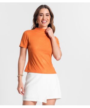 Blusa Gola Alta Em Ribana Canelada Lurex Rovitex Laranja