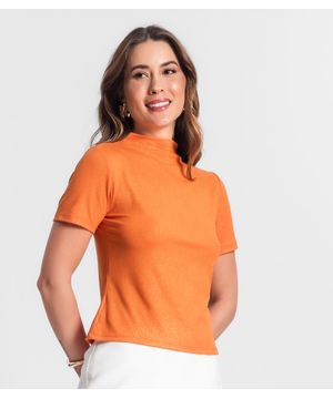 Blusa Gola Alta Em Ribana Canelada Lurex Rovitex Laranja