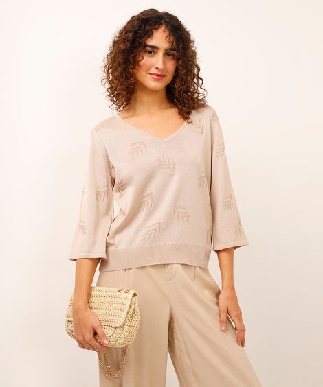 blusa de tricot com lurex folhagens bege