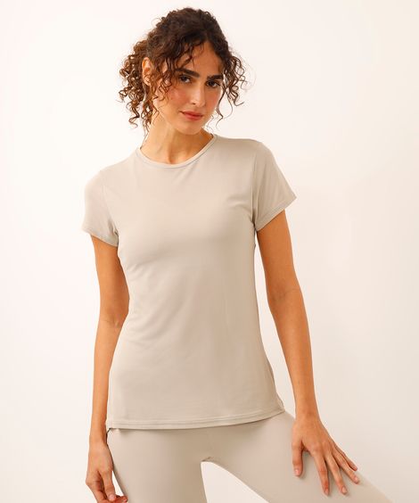 camiseta feminina esportiva com recorte manga curta bege