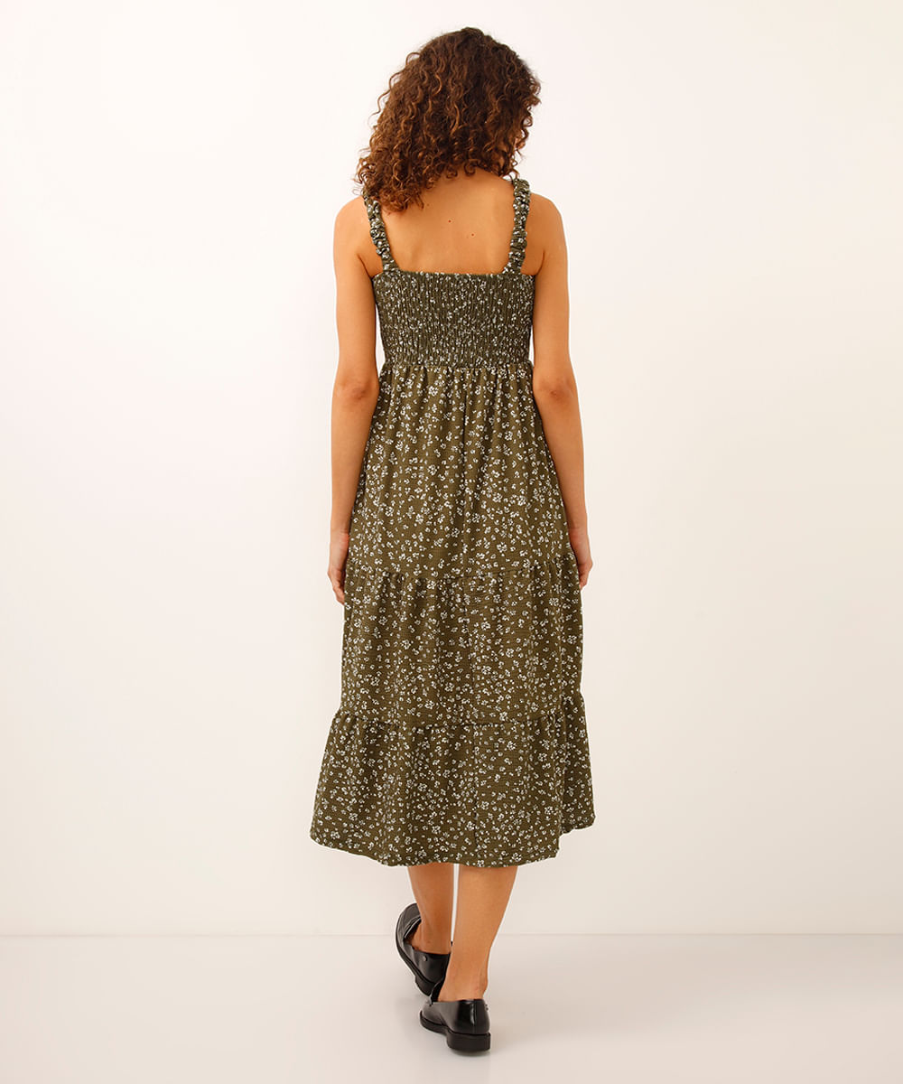 vestido midi decote quadrado texturizado floral verde