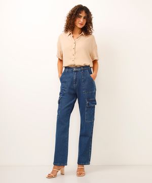 calça jeans cargo cintura alta sawary azul