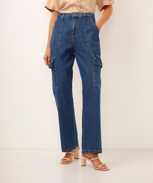 calça jeans cargo cintura alta sawary azul