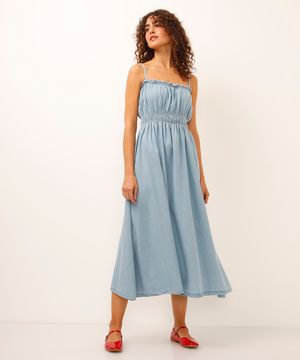 vestido midi jeans alça fina azul