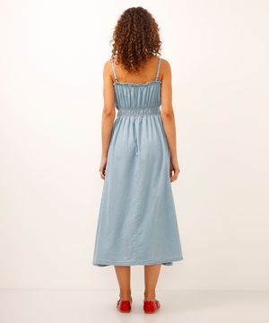 vestido midi jeans alça fina azul