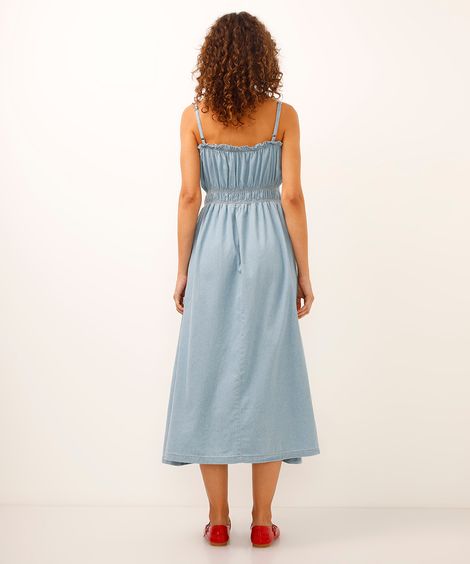 vestido midi jeans alça fina azul