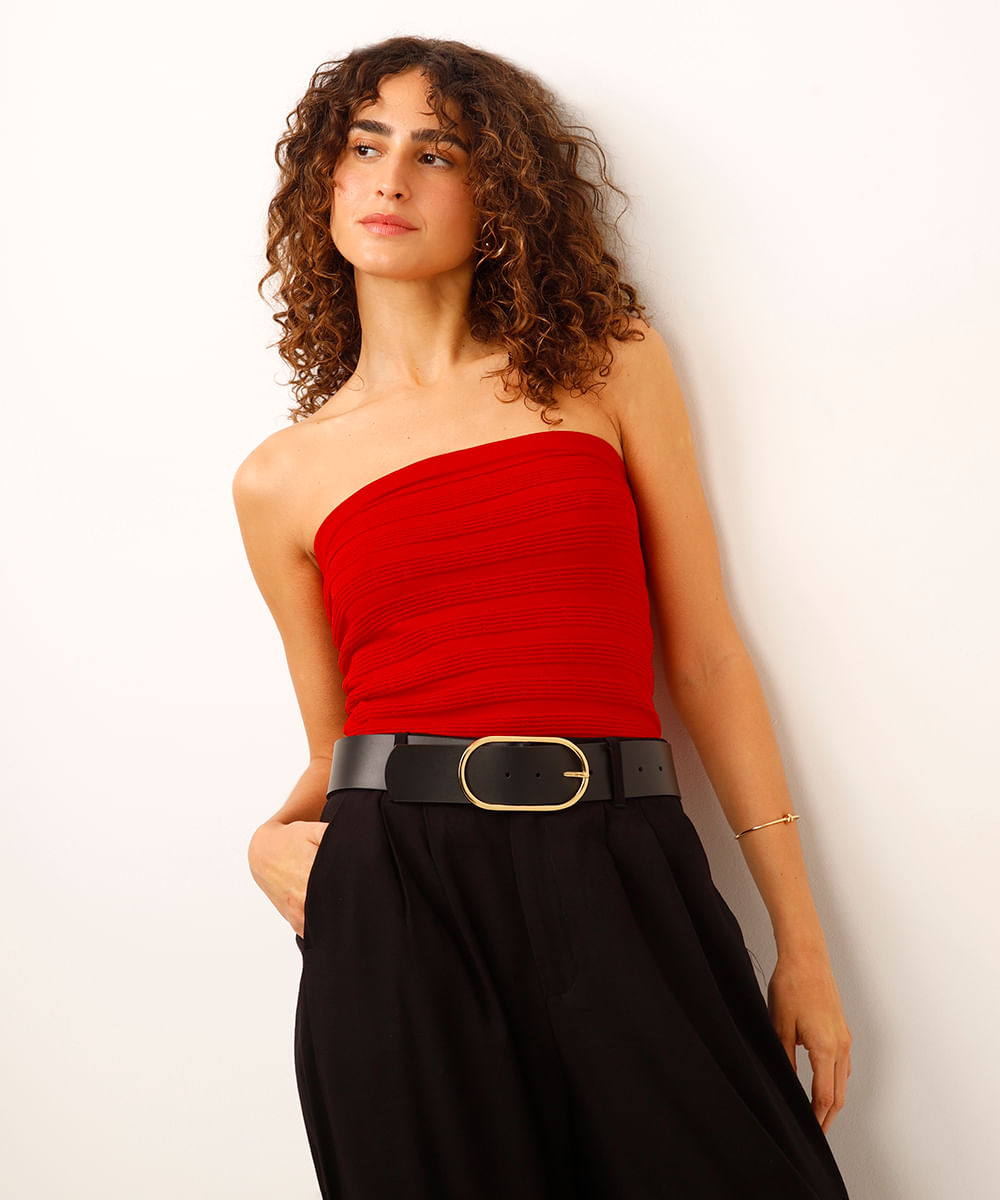 top sem manga de tricot canelado vermelho