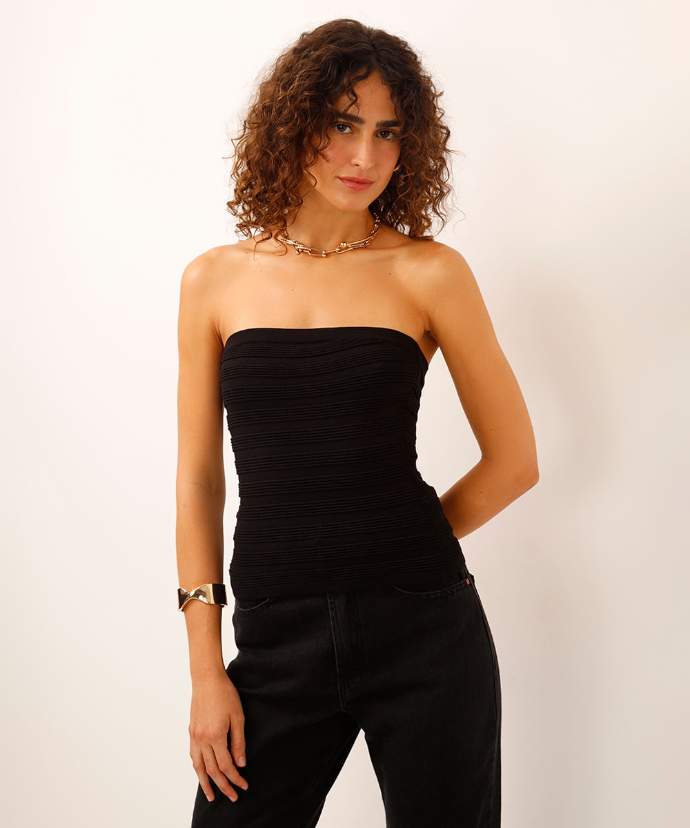 top sem manga de tricot canelado preto