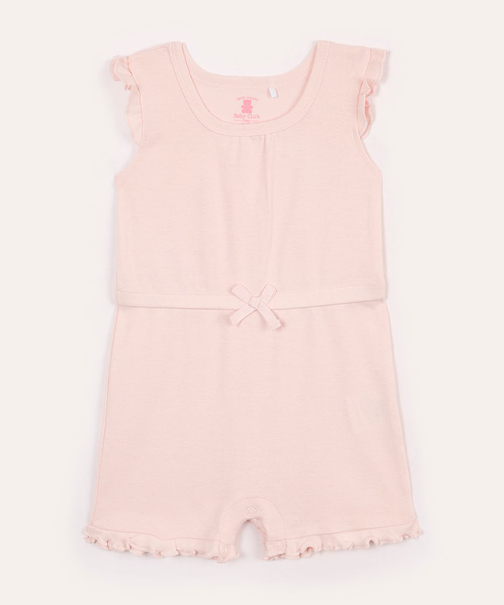 macacão curto infantil lacinho e babado rosa