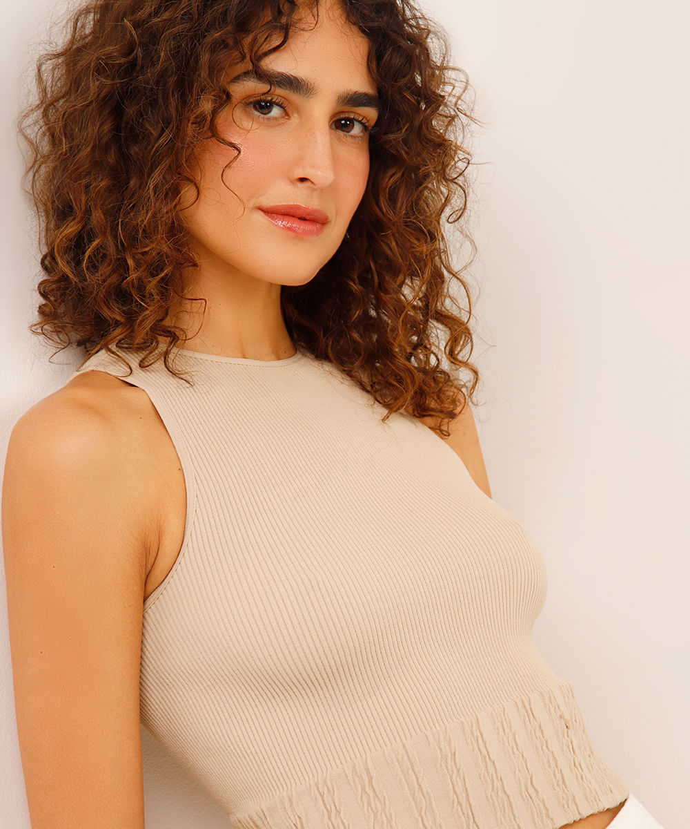 cropped canelado halter neck alça média bege