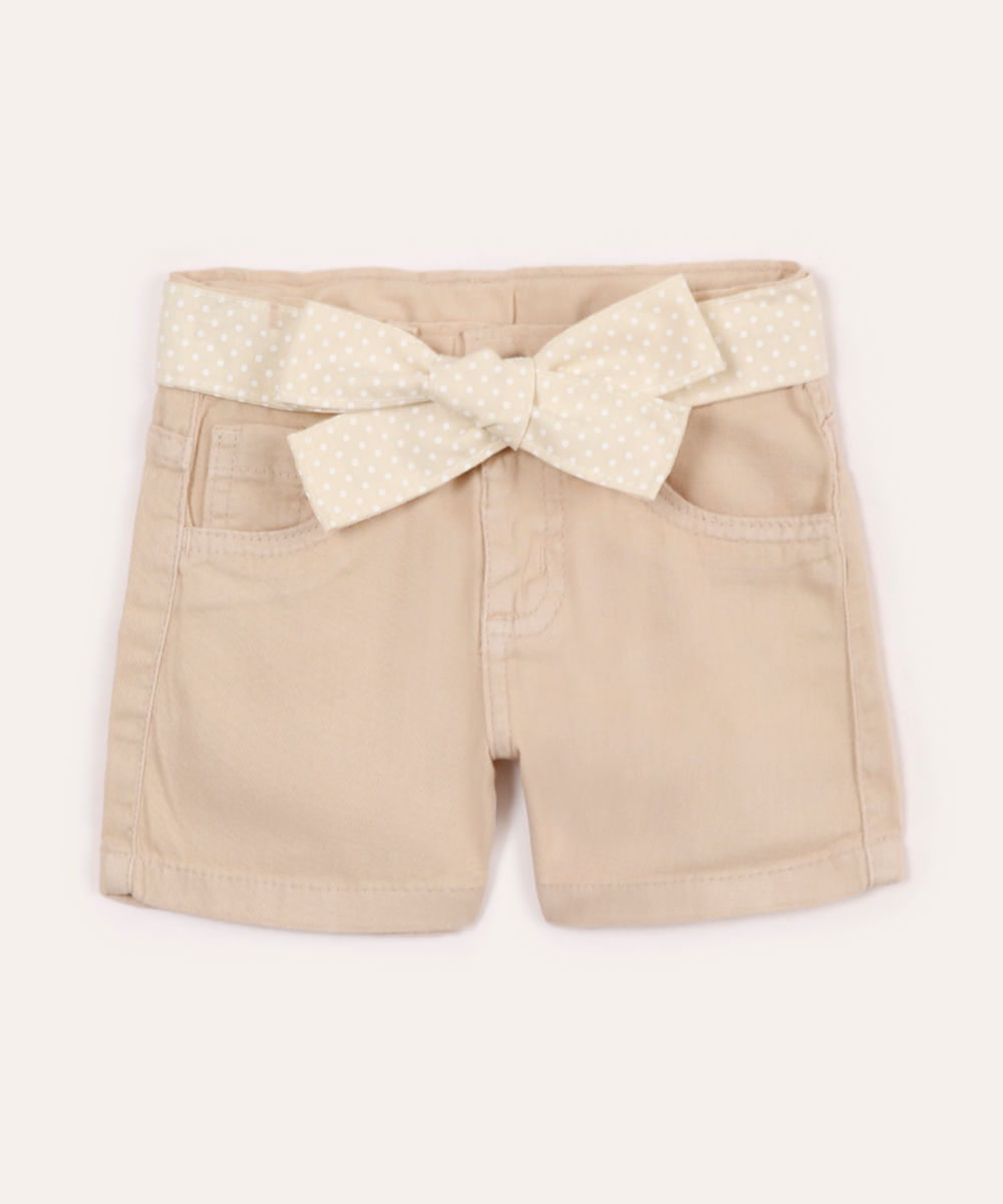short clochard infantil de sarja com cinto faixa bege