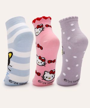 kit de 3 meias cano médio hello kitty e amigos colorida