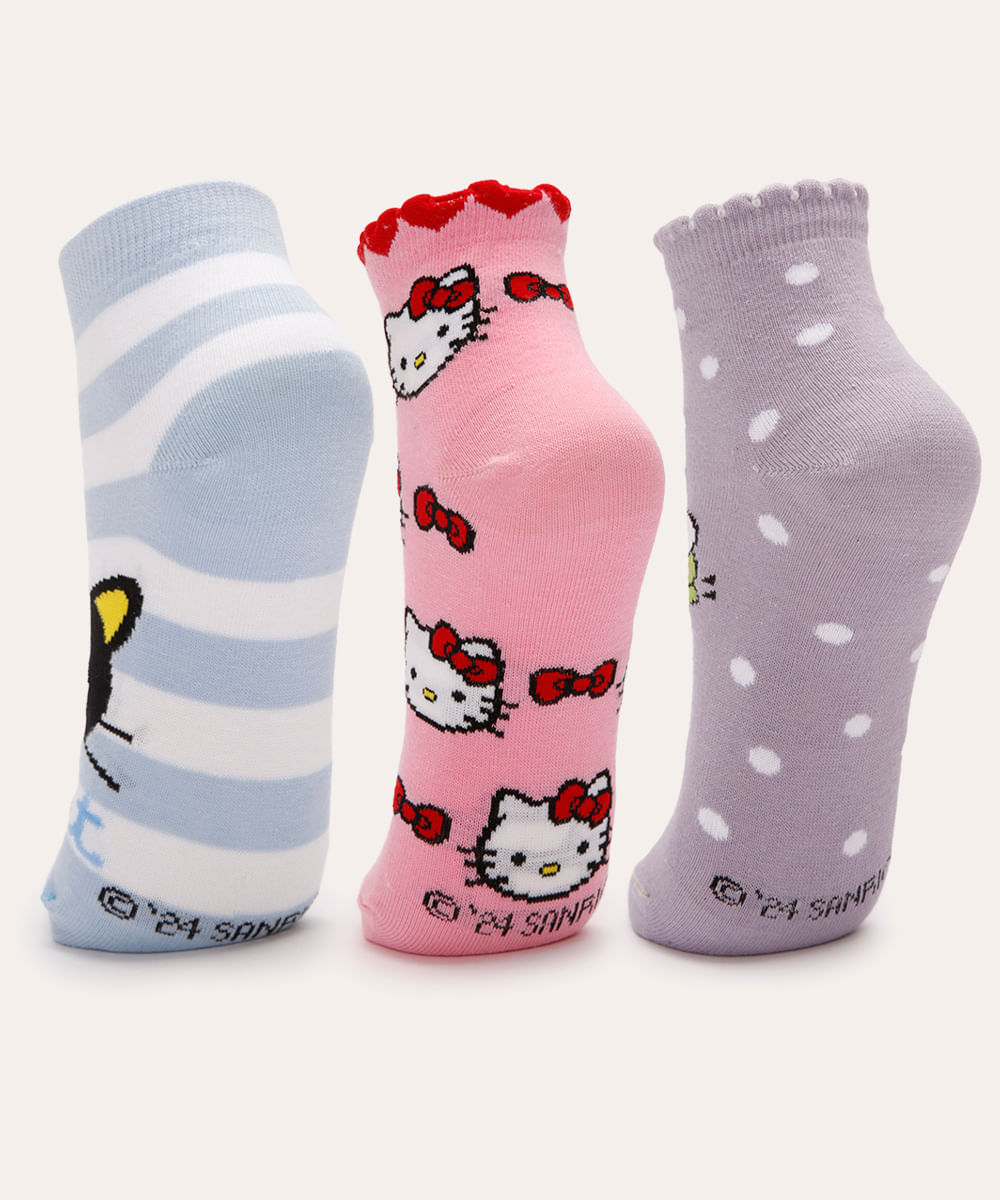 kit de 3 meias cano médio hello kitty e amigos colorida