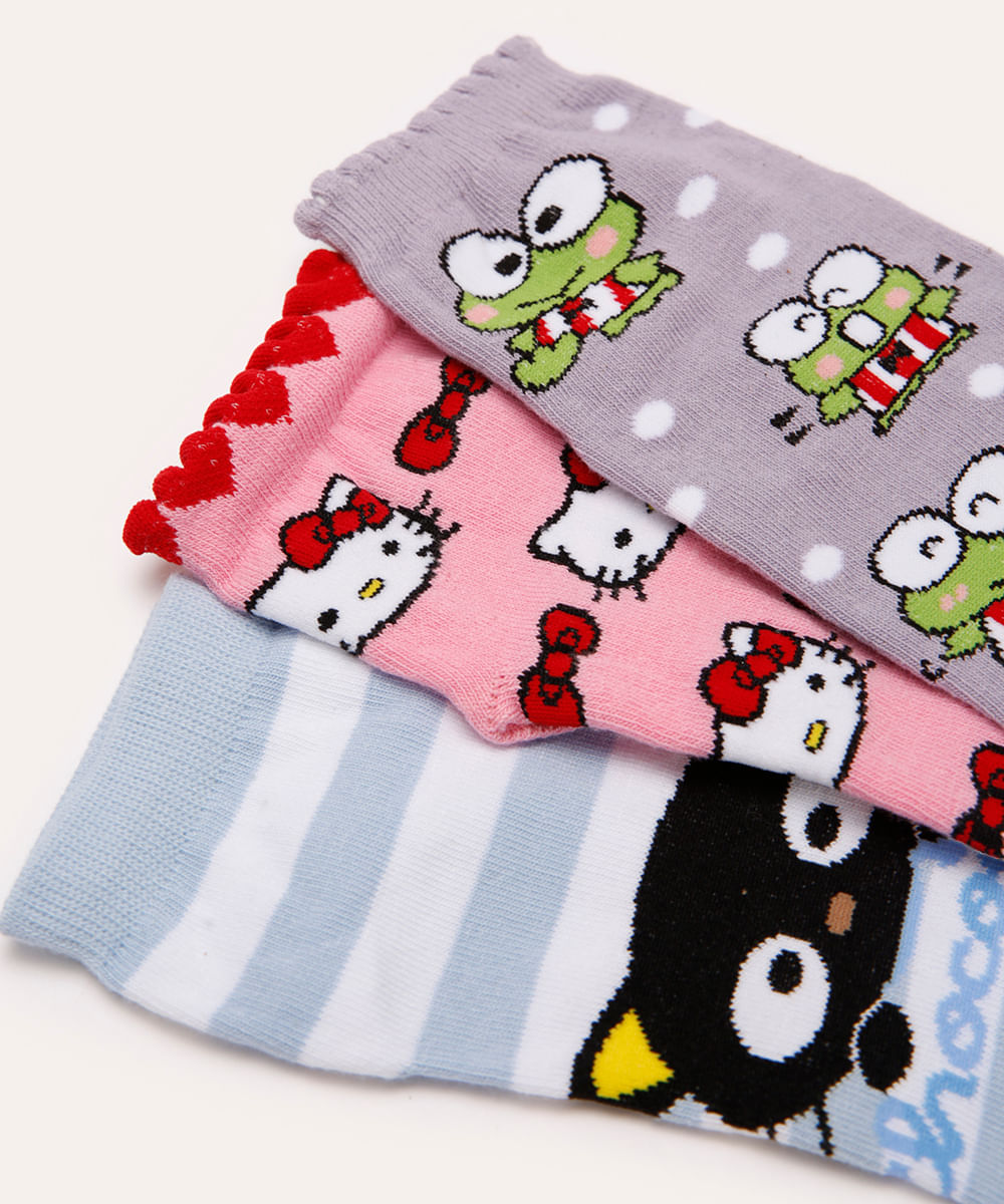 kit de 3 meias cano médio hello kitty e amigos colorida